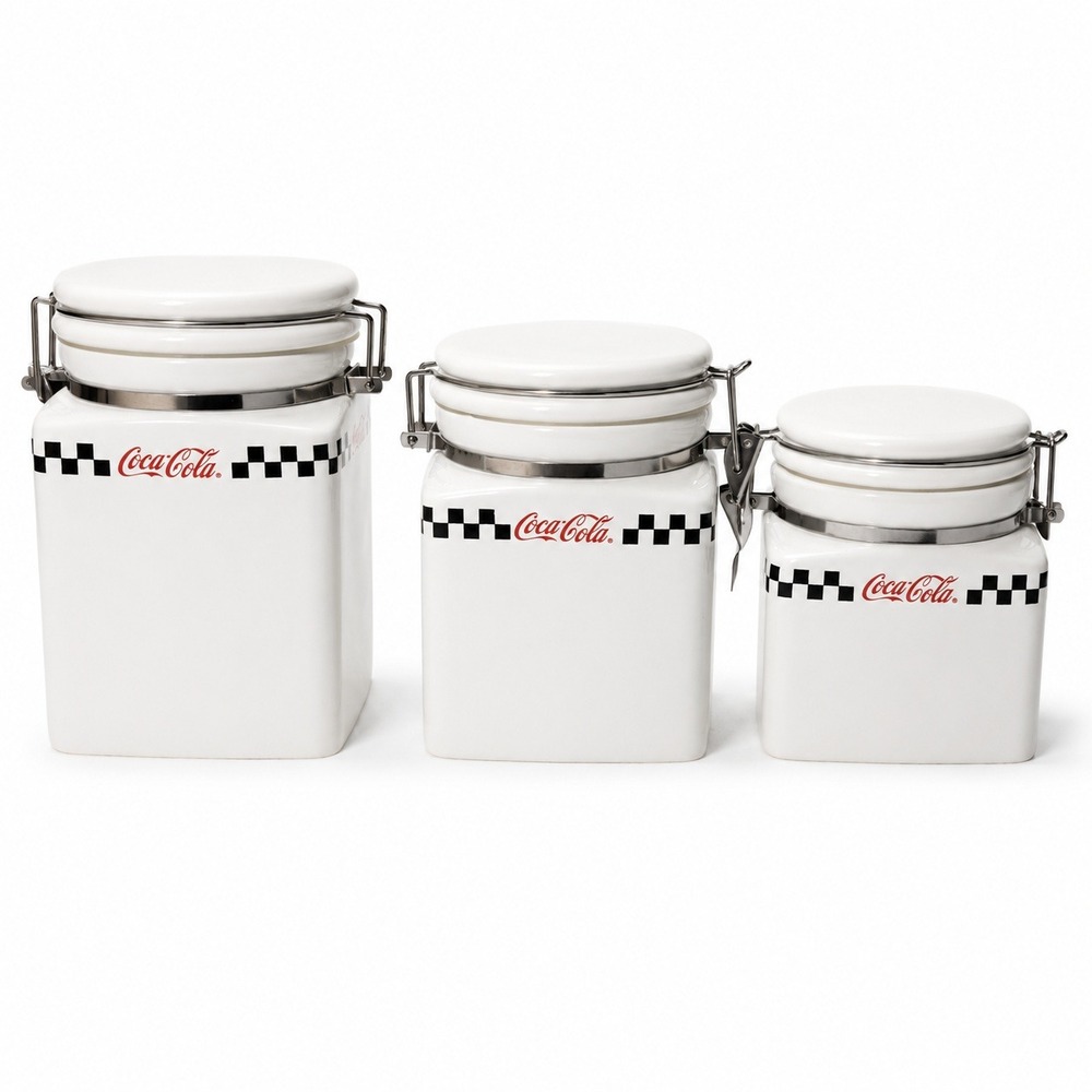 Coca-Cola Gibson Ceramic Canister Set 3pc White Diner Checkered Retro 2002